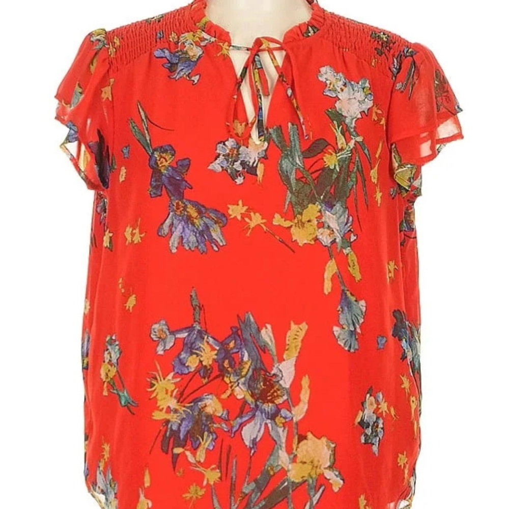 CeCe Women's Red Tie Neck Tiered Flutter Sleeve Blouse Top Size M